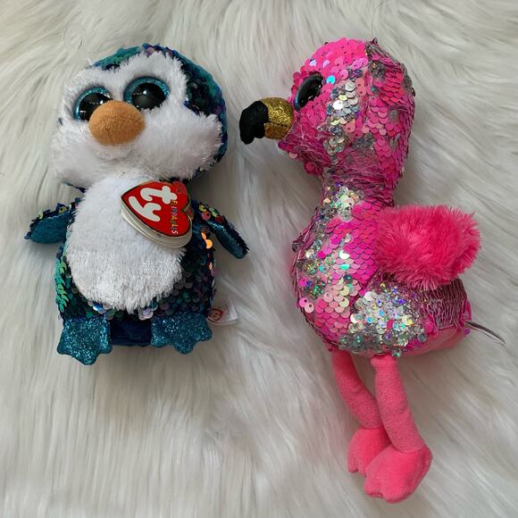 Ty Flippables Set of 2 Flip Sequin Pinky Flamingo and Payton Penguin - Picture 2 of 7